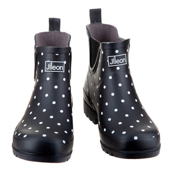 Ankle Wellies - Black and White Spot - Wide Foot - Easy to Slip On - Jileon Wellies