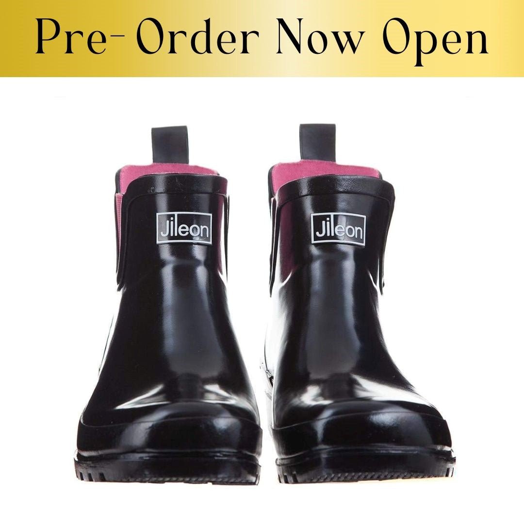 Ankle Wellies Black Glossy Wide Foot Easy to Slip On Jileon Wellies