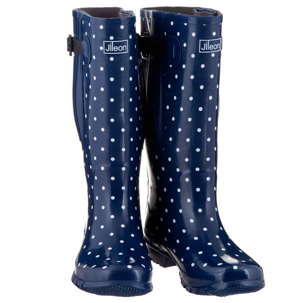 Extra Wide Calf Navy Spotty Wellies - Wide in Foot and Ankle - Fit 40 - 57cm Calf - Jileon Wellies