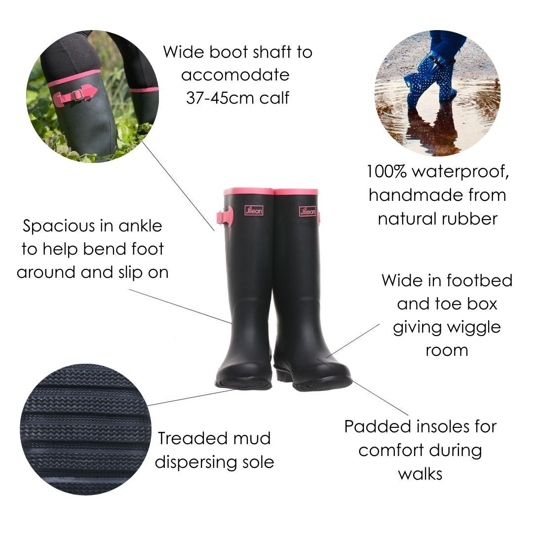 Wide Calf Wellies Navy with Cream Trim Wide in Foot Ankle Fit Jileon Wellies