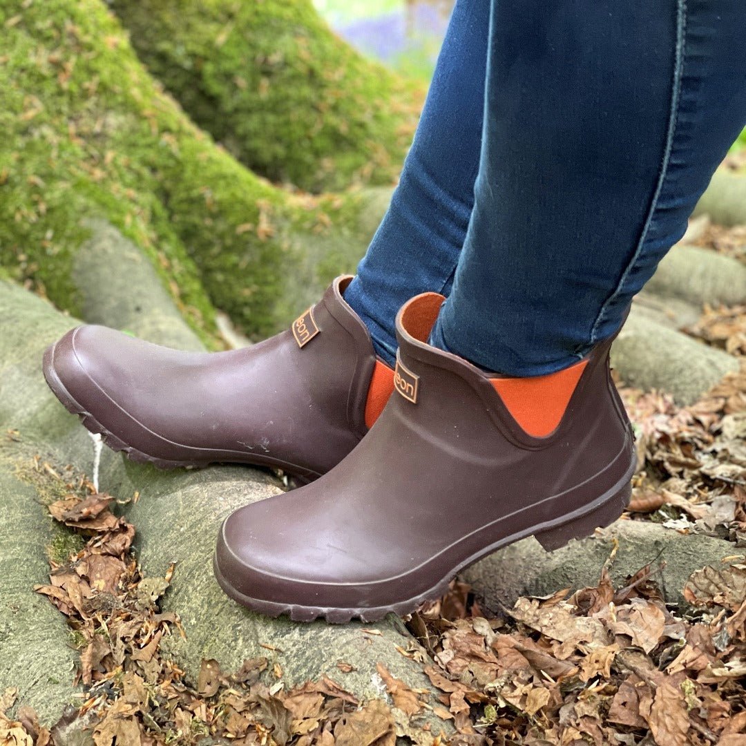 Ankle Wellies Chocolate and Orange Trim Wide Foot Easy to Slip On