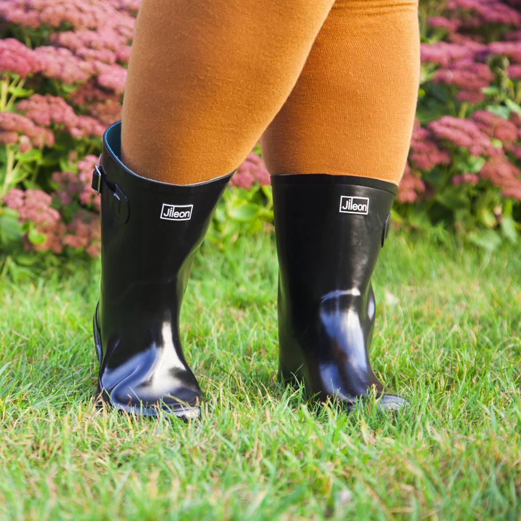 Half Height Black Glossy Wellies - Wide Foot and Ankle – Jileon Wellies