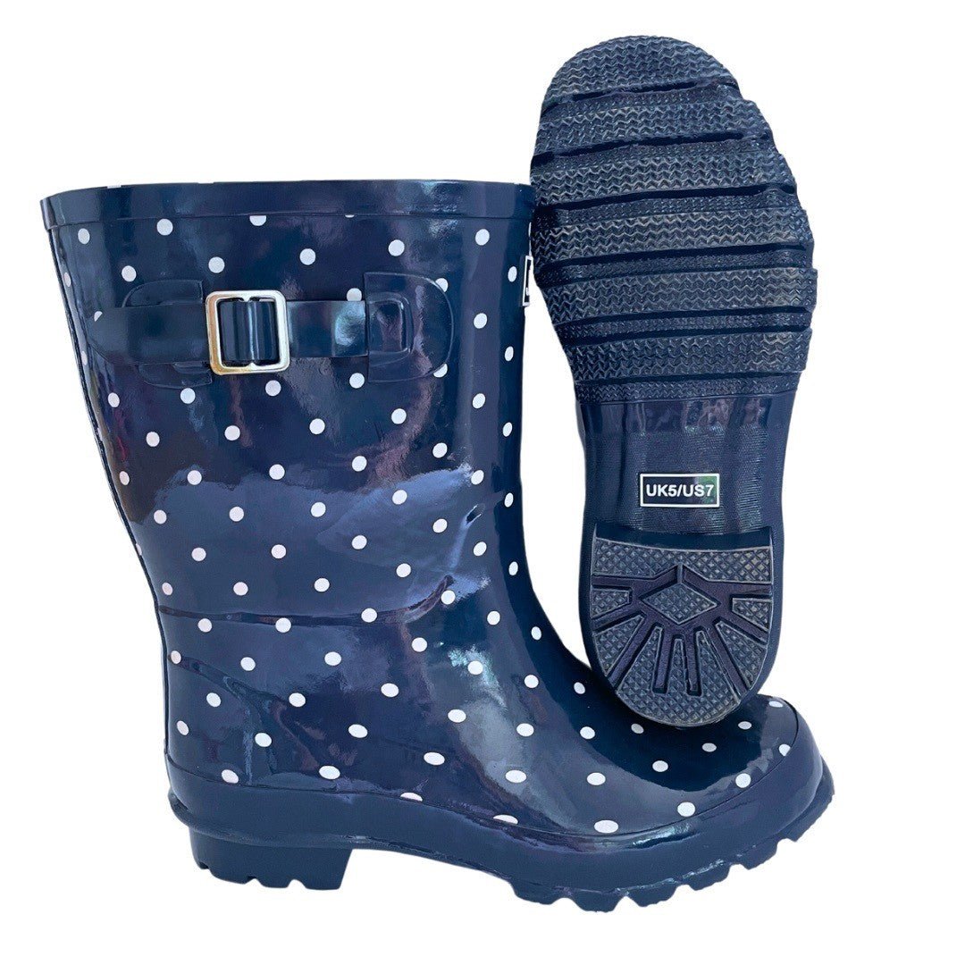 Half Height Navy Spot Wellies Wide Foot Ankle Jileon Wellies