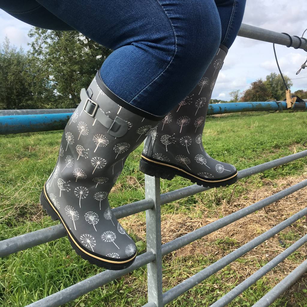 Wide Calf Grey Dandelion Wellies for Women Wide in Foot and Ankle Jileon Wellies